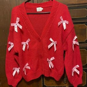 Luna Ivy Cozy Red Women's Sweater with pink bows
